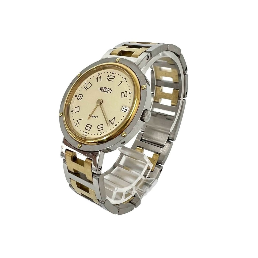 HERMES Clipper Stainless Steel GP Quartz Wristwatch, Silver/Gold, 21231: --- Catalog ---Category: SizeWrist Size: 16.5cm / 6.49''Case Diameter: 34mm / 1.34''Category: DesignType: WristwatchGender: WomenMaterial (Band): Gold plated, Stainless steelMaterial (Case): Gold plat