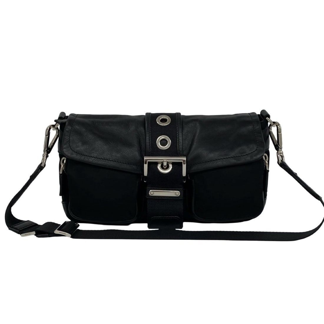 PRADA Triangle Logo Hardware Leather Tessuto Nylon Semi Shoulder Bag Handbag Black 32712: --- Catalog ---Category: SizeSize (HxWxD): 18cm x 27cm x 8.5cm / 7.08'' x 10.62'' x 3.34''Category: DesignType: Handbag, Shoulder bagColor: BlackGender: WomenMaterial: Leather , Nylon Category: Genera