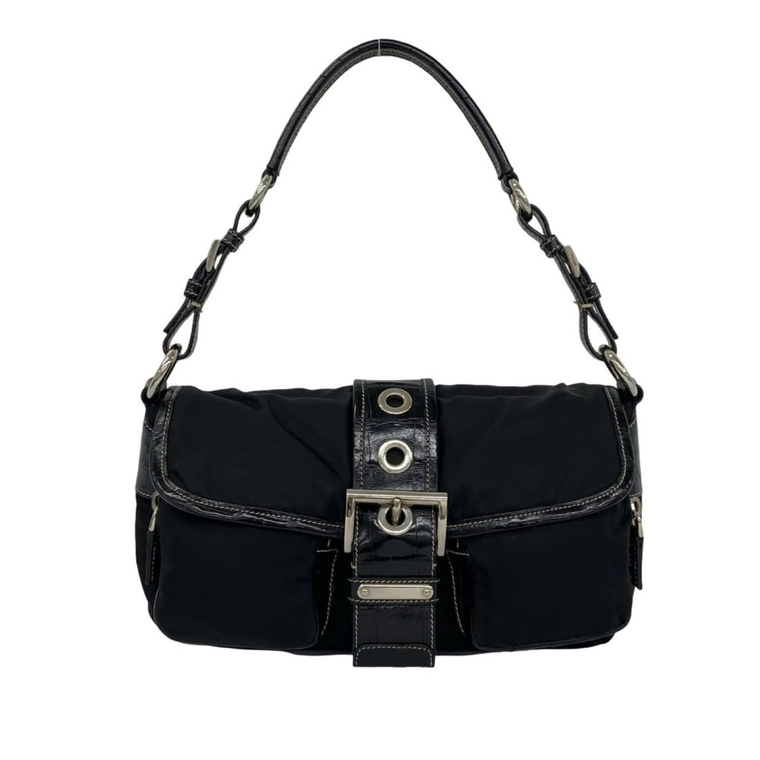 PRADA Prada Triangle Logo Hardware Embossed Leather Tessuto Nylon Semi Shoulder Bag Handbag Black (1 of 11)