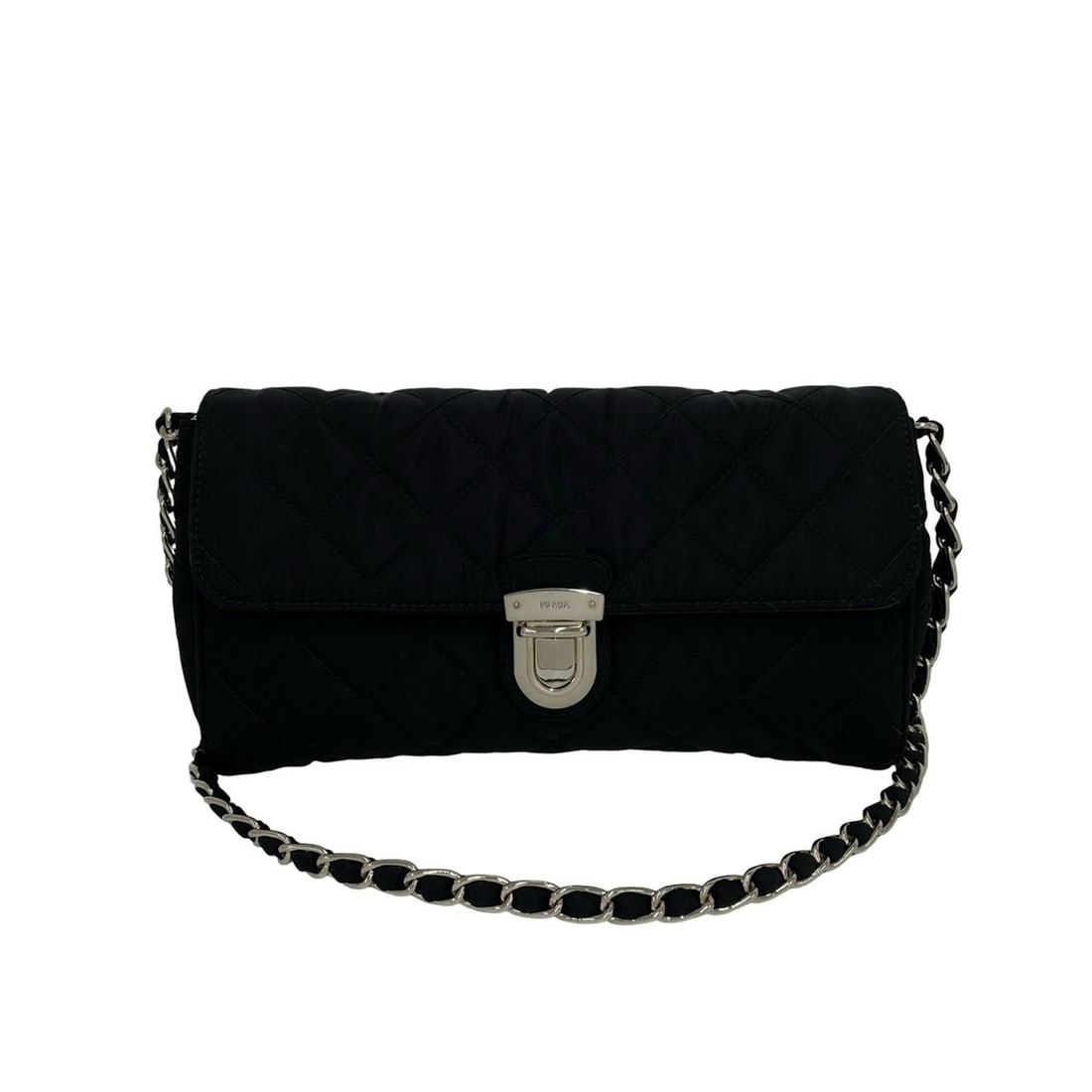 PRADA Prada Logo Hardware Quilted Nylon Chain Mini Shoulder Bag Pouch Sacoche Black 20572: --- Catalog ---Category: SizeSize (HxWxD): 14cm x 25cm x 3.5cm / 5.51'' x 9.84'' x 1.37''Category: DesignType: Pochette, Shoulder bagColor: BlackGender: WomenMaterial: Nylon Category: GeneralBrand: Pr