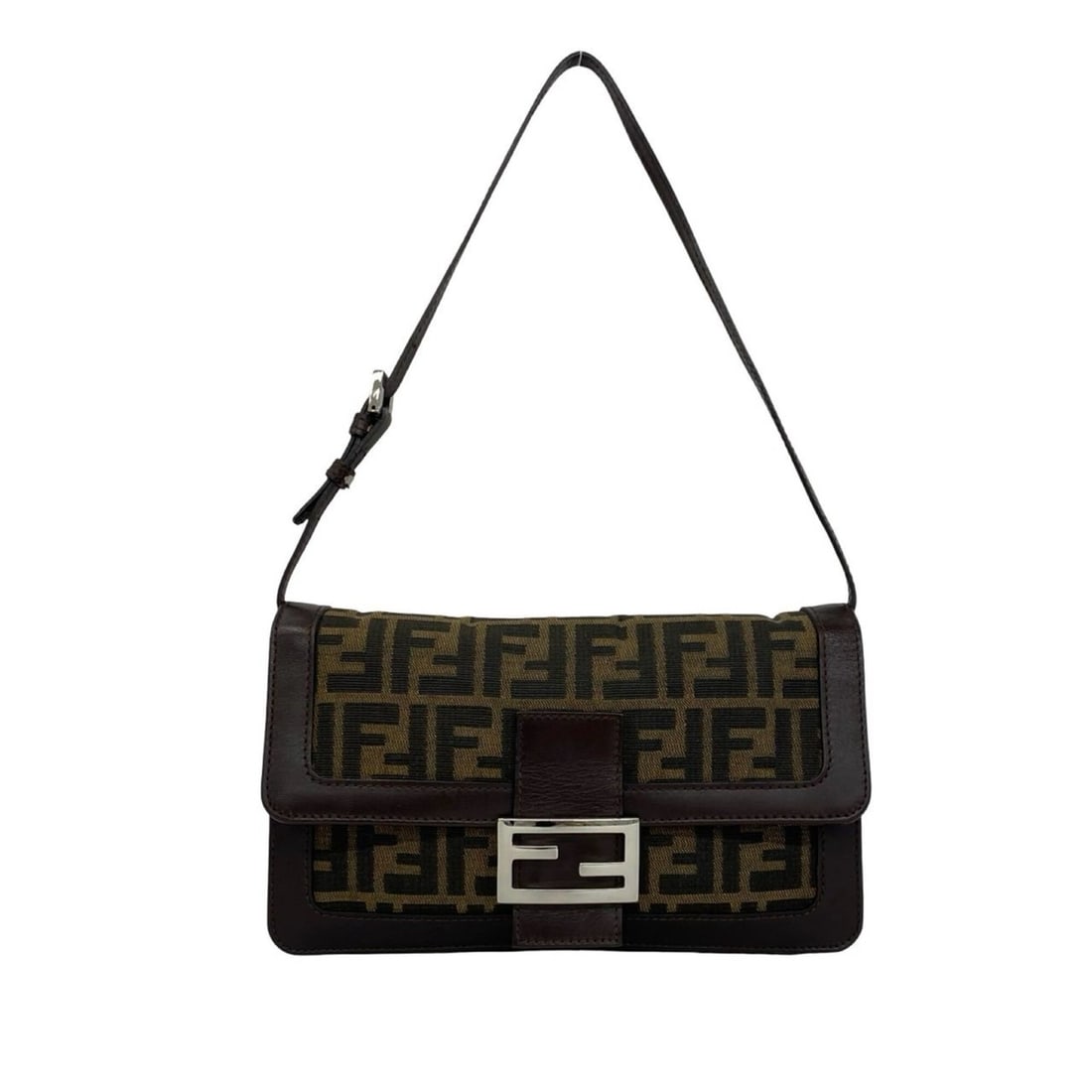 FENDI Vintage Zucca Pattern FF Logo Hardware Leather Canvas Semi Shoulder Bag Brown 25341: --- Catalog ---Category: SizeSize (HxWxD): 15.5cm x 26cm x 2.5cm / 6.1'' x 10.23'' x 0.98''Category: DesignType: Shoulder bagColor: Black, BrownGender: WomenMaterial: Leather , Canvas Category: Genera
