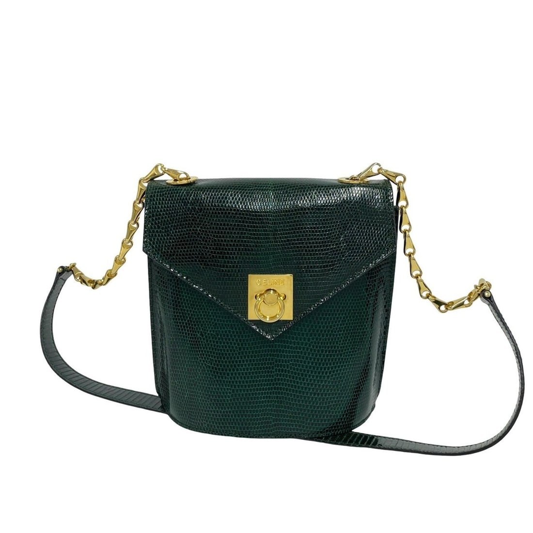 CELINE Vintage Logo Ring Hardware Leather Genuine Chain Mini Shoulder Bag Pouch Green 28115: --- Catalog ---Category: SizeSize (HxWxD): 17.5cm x 16.5cm x 8cm / 6.88'' x 6.49'' x 3.14''Category: DesignType: Pochette, Shoulder bagColor: GreenGender: WomenMaterial: Leather Category: GeneralBrand