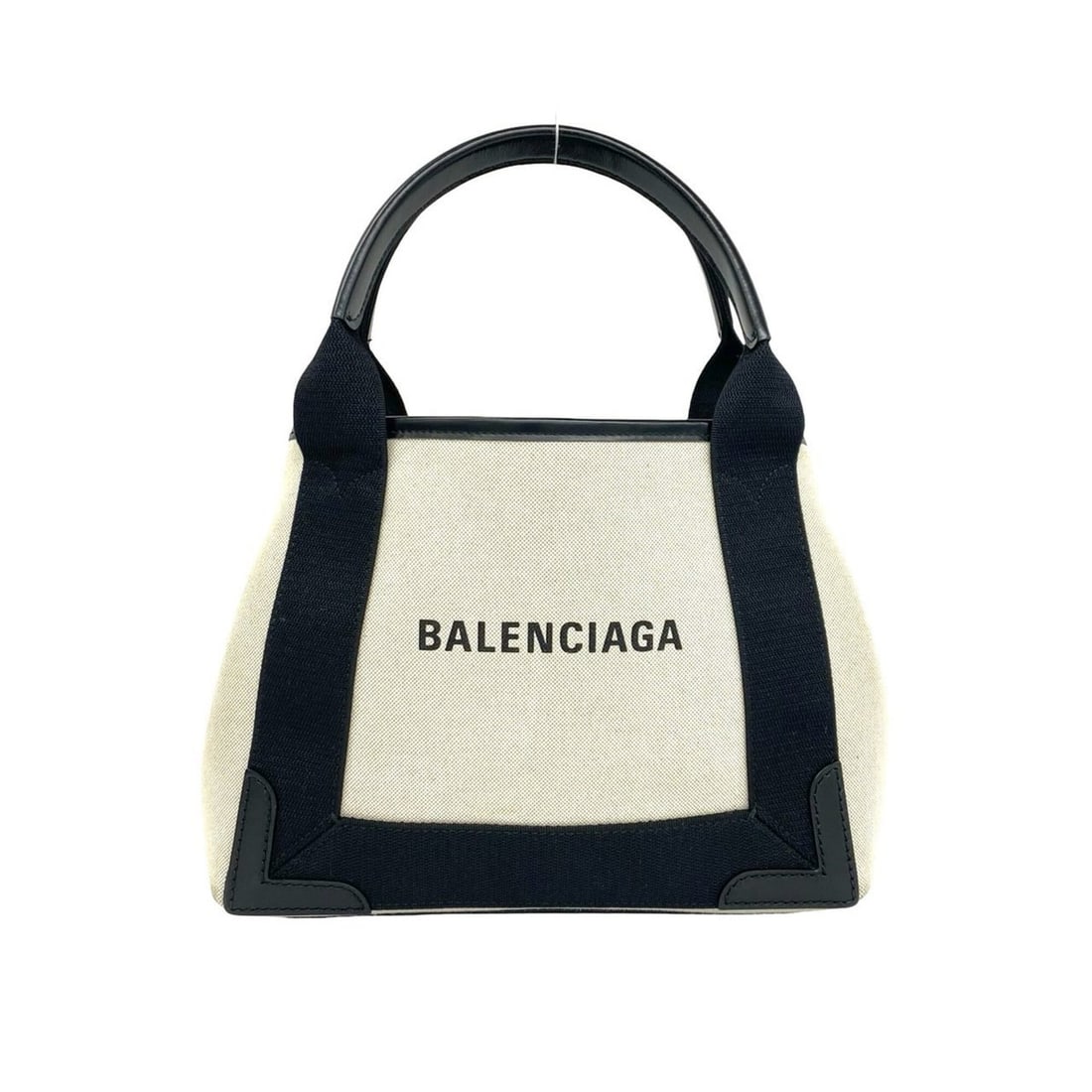 BALENCIAGA Navy Cabas Canvas Leather Handbag Mini Tote Bag Black Ivory 19895: --- Catalog ---Category: SizeSize (HxWxD): 19.5cm x 26cm x 7.5cm / 7.67'' x 10.23'' x 2.95''Category: DesignType: Handbag, Pouch, Tote bagColor: Black, WhiteGender: WomenMaterial: Canvas , Leather Cat