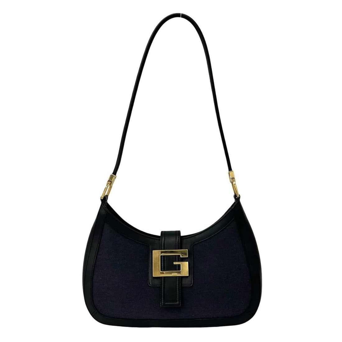 GUCCI G-logo hardware, leather, genuine canvas, one-semi shoulder bag/tote bag, black/navy, 06640: --- Catalog ---Category: SizeSize (HxWxD): 15.5cm x 28cm x 3.5cm / 6.1'' x 11.02'' x 1.37''Category: DesignType: Shoulder bag, Tote bagColor: Black, NavyGender: WomenMaterial: Leather , Canvas Categor