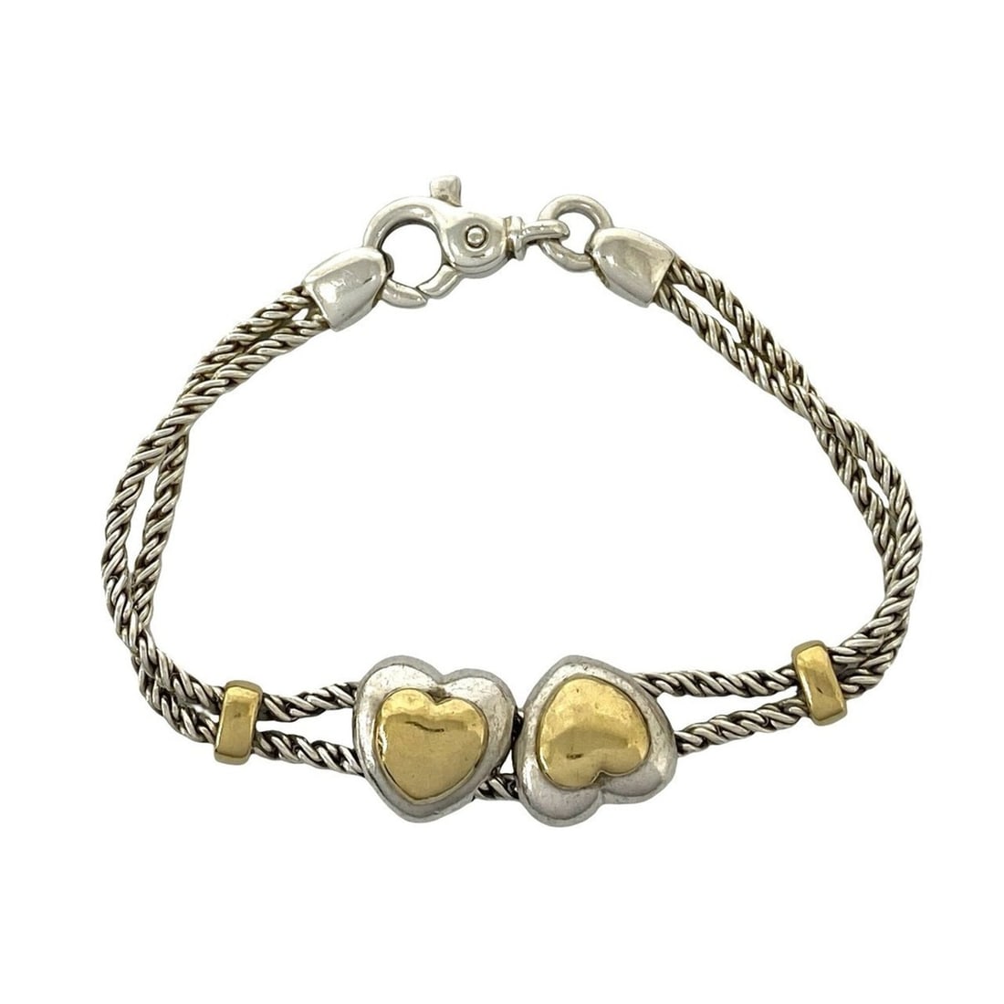 TIFFANY&Co. Tiffany Double Rope Heart Bracelet, Sterling Silver 925, 18K 750YG, & Gold, 59278: --- Catalog ---Category: SizeLength: 17.5cm / 6.88''Category: DesignType: Charm braceletColor: Gold, SilverGender: WomenMaterial: Silver 925, Yellow gold (18K)Category: GeneralBrand: Tiffany--- Item L