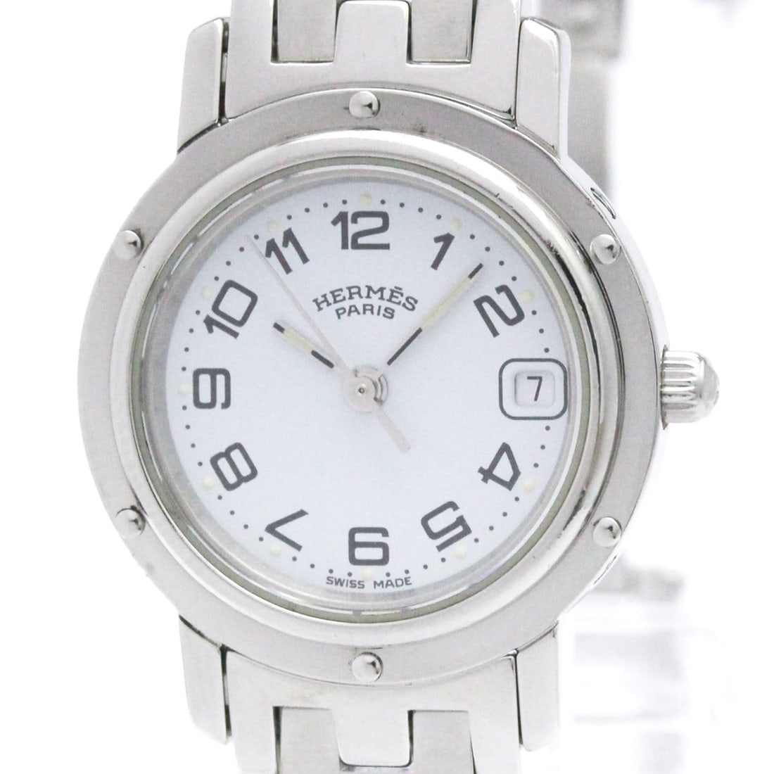 HERMES Clipper Stainless Steel Quartz Ladies Watch CL4.210 Polished: --- Catalog ---Category: SizeCase Diameter: 24mm / 0.94''Category: DesignType: WristwatchStyle: Dress/FormalGender: WomenColor (Dial): WhiteMaterial (Band): Stainless steelMaterial (Case): Stainless s
