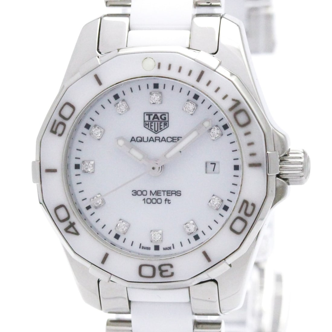 TAG HEUER Aquaracer Diamond Steel Quartz Ladies Watch WAY141D Polished: --- Catalog ---Category: SizeCase Diameter: 30mm / 1.18''Category: DesignType: WristwatchStyle: SportGender: WomenColor (Dial): WhiteMaterial (Band): Ceramic, Stainless steelMaterial (Case): Ceramic, 