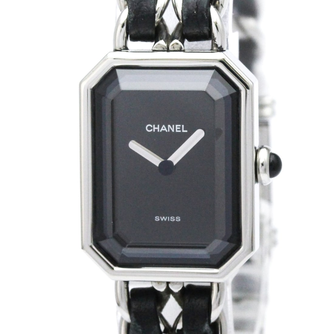 CHANEL Premiere Size L Steel Quartz Ladies Watch H0451 Polished: --- Catalog ---Category: SizeCase Diameter: 20mm / 0.79''Category: DesignType: WristwatchStyle: Dress/FormalColor (Dial): BlackMaterial (Band): Leather, Stainless steelMaterial (Case): Stainless steel