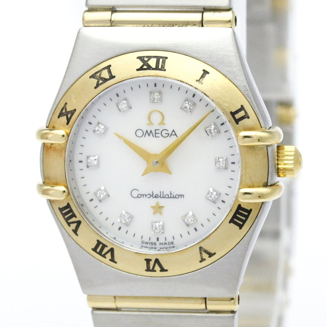 OMEGA Constellation Diamond MOP Dial Ladies Watch 1262.75 Polished: --- Catalog ---Category: SizeCase Diameter: 22mm / 0.87''Category: DesignType: WristwatchStyle: Dress/FormalGender: WomenColor (Dial): White shellMaterial (Band): Stainless steel, Yellow gold (18K)Mat