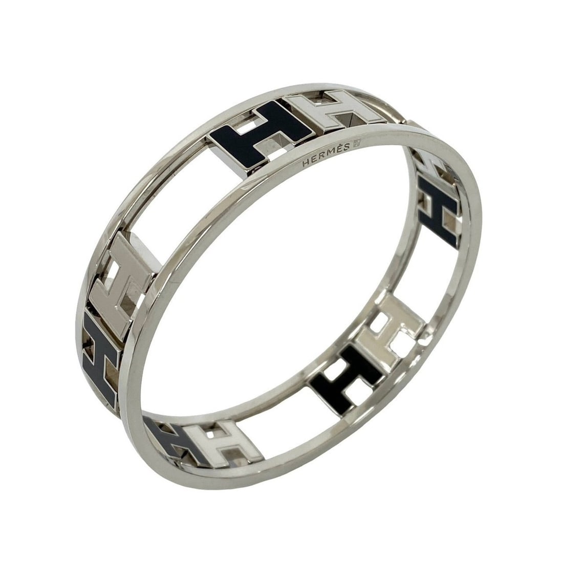 HERMES Hermes Rond H Logo Bangle Metal Bracelet Accessory Silver Black 23029 (1 of 12)