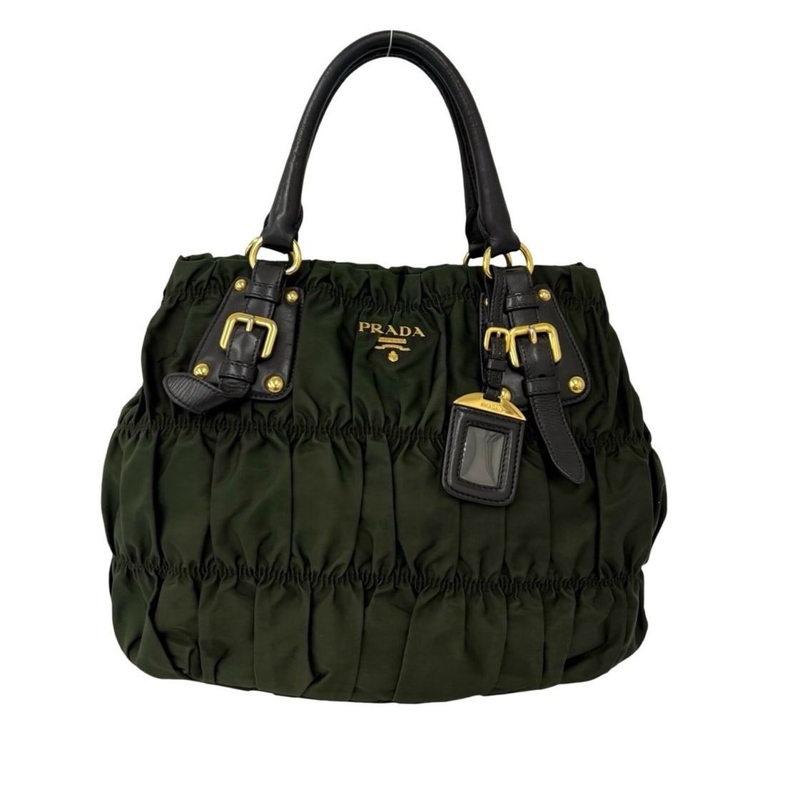 PRADA Prada logo hardware Tessuto gathered nylon leather genuine handbag tote bag khaki brown 40163: --- Catalog ---Category: SizeSize (HxWxD): 30cm x 32cm x 14cm / 11.81'' x 12.59'' x 5.51''Category: DesignType: Handbag, Tote bagColor: Brown, KhakiGender: WomenMaterial: Nylon , Leather Category: Gen