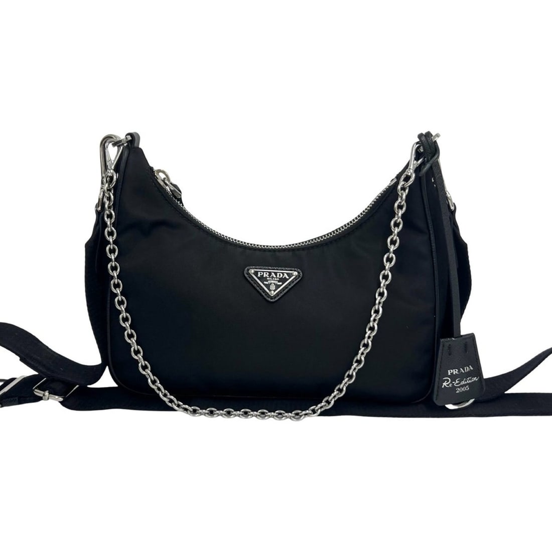 PRADA Re-Edition Triangle Logo Hardware Nylon Saffiano Leather 2-Way Chain Shoulder Bag Black 05697 (1 of 10)