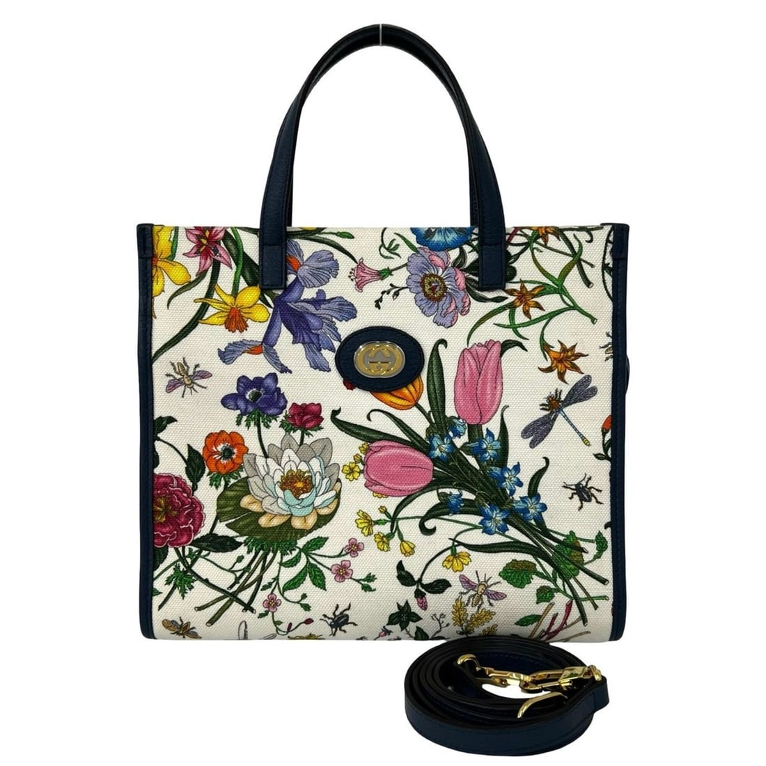 GUCCI Flora GG Logo Hardware Canvas Leather Genuine 2-way Handbag Shoulder Bag Navy Multicolor 21066: --- Catalog ---Category: SizeSize (HxWxD): 24.5cm x 28cm x 10.4cm / 9.64'' x 11.02'' x 4.09''Category: DesignType: Handbag, Shoulder bagColor: Multi-color, NavyGender: WomenMaterial: Canvas , Leather 