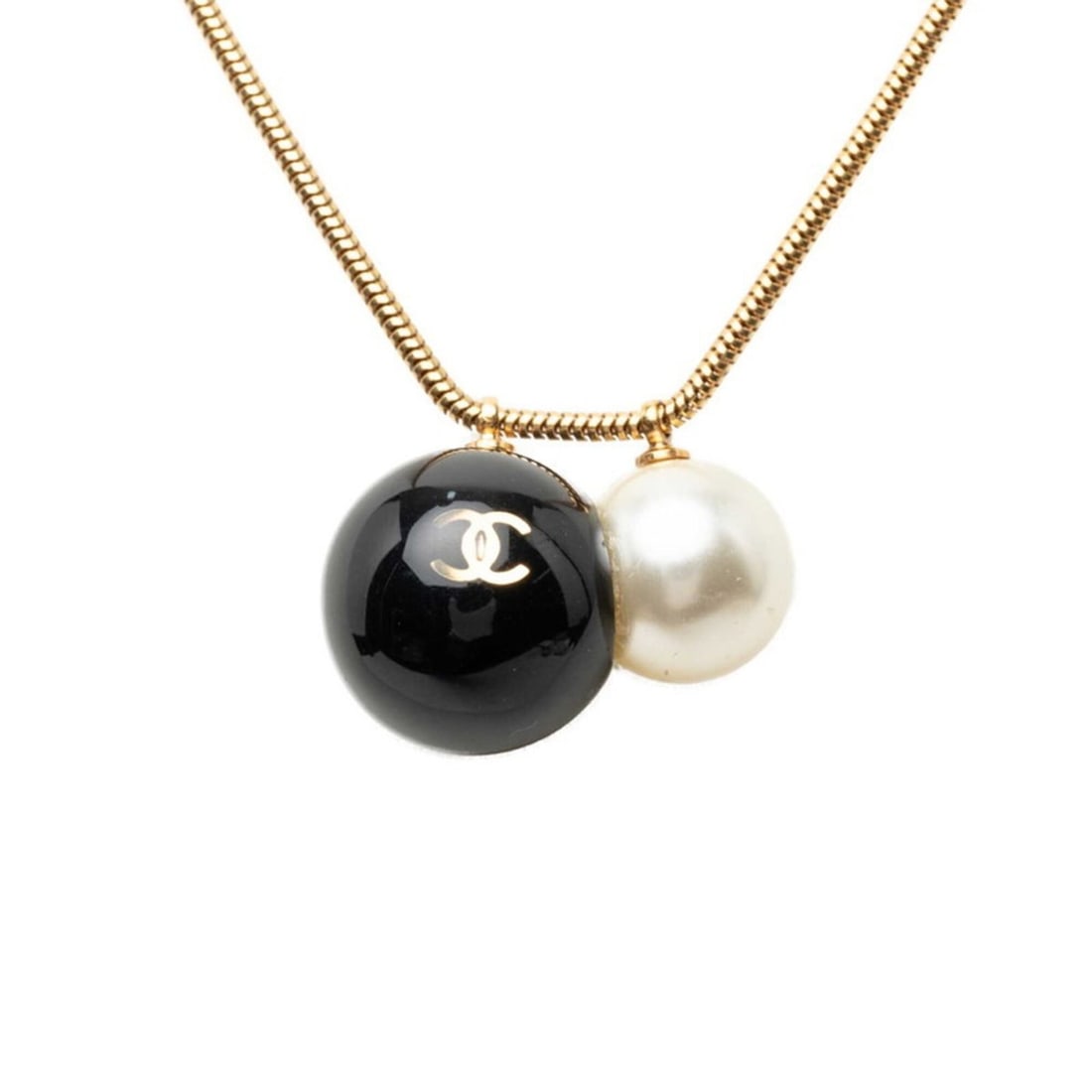 Chanel Coco Mark Ball Chain Necklace, Gold and Black Plated, Faux Pearl, Plastic, Women's.: --- Catalog ---Category: SizePendant Size: 16.4mm x 25.4mm / 0.64'' x 0.99''Neck Circumference: 46.5 cm / 18.3''Category: DesignColor: Black, GoldGender: WomenMaterial: PlasticNecklace Type: NecklaceC