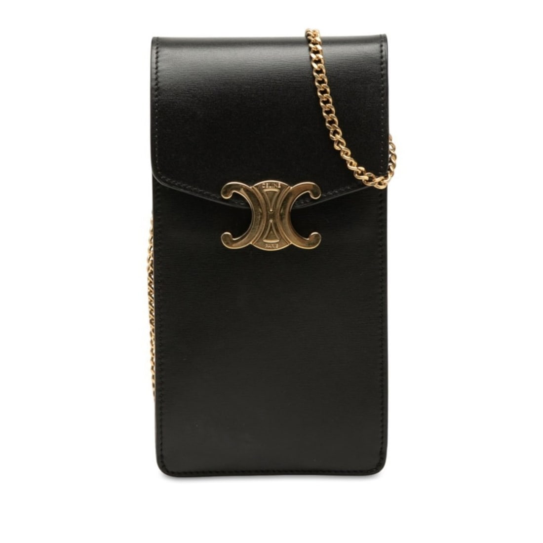 Celine Triomphe Crossbody Chain Phone Pouch/Phone Holder Shoulder Bag, Black Leather, Women's CELINE: --- Catalog ---Category: SizeSize (HxWxD): 19cm x 10cm x 1cm / 7.48'' x 3.93'' x 0.39''Category: DesignType: PouchColor: BlackGender: WomenMaterial: Leather Category: GeneralBrand: Celine--- Item List
