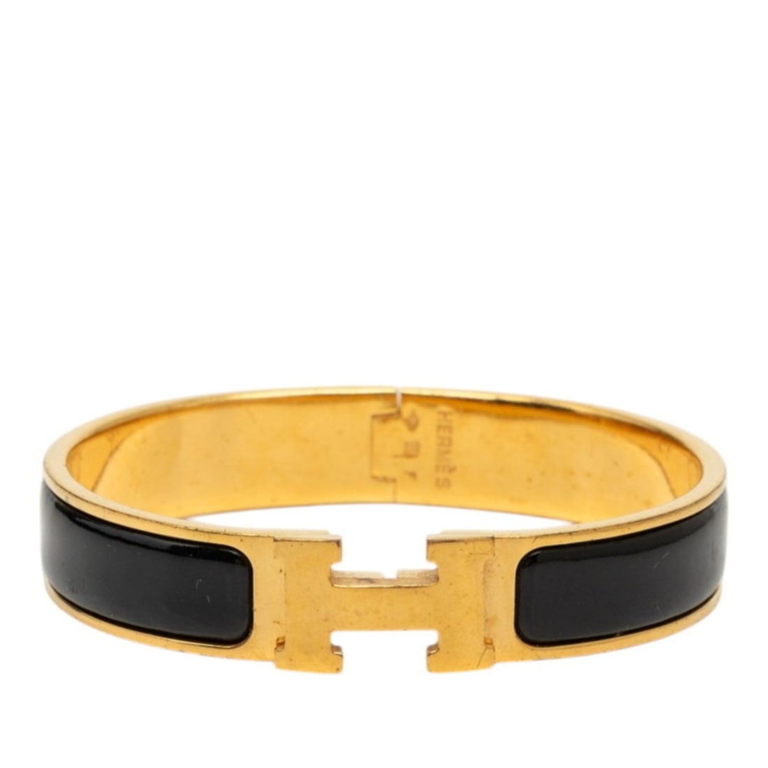 Hermes Click H PM Bangle, Gold and Black Plated, Women's: --- Catalog ---Category: SizeLength: 16cm / 6.29''Category: DesignType: BangleColor: Black, GoldGender: WomenCategory: GeneralBrand: Hermes--- Item List ---Section: ConditionRanking: Rank AB Used - Tr