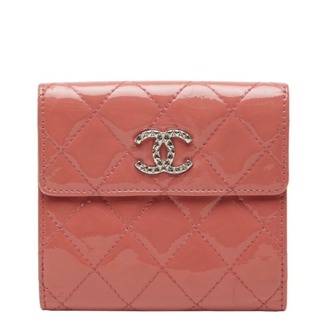 Chanel Matelassé Coco Mark Bi-fold Wallet, Double Snap Closure, Compact, Pink Patent Leather,: --- Catalog ---Category: SizeSize (HxWxD): 10cm x 11cm x 2cm / 3.93'' x 4.33'' x 0.78''Category: DesignType: Wallet (bi-fold)Color: PinkGender: WomenMaterial: Patent leather Category: GeneralBrand: Ch