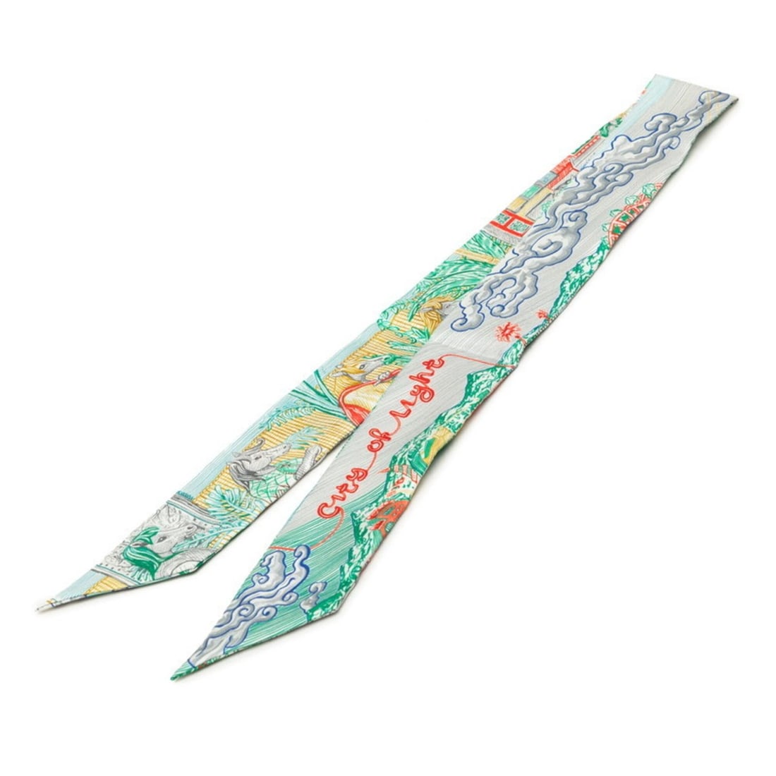 Hermes Twilly City of Light Scarf Muffler, Gray, Green, Multicolor, Silk, Women's HERMES: --- Catalog ---Category: SizeSize (LxW): 88.5cm x 5cm / 34.84'' x 1.96''Category: DesignType: ScarfColor: Gray, Green, Multi-colorGender: WomenMaterial: Silk Category: GeneralBrand: Hermes--- Item Lis