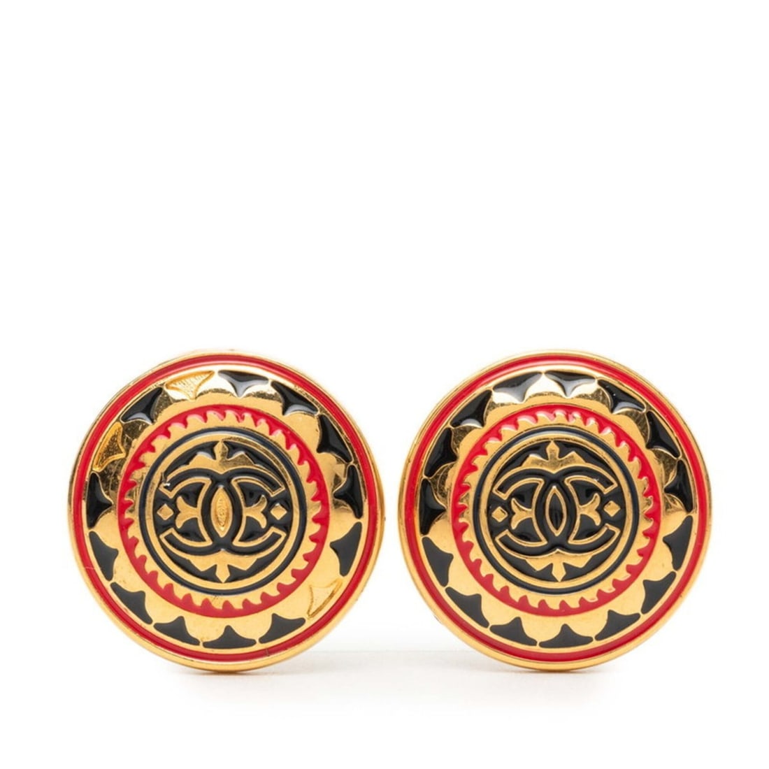 Chanel Coco Mark Flower Motif Round Earrings Gold Red Black Plated Enamel Women's CHANEL: --- Catalog ---Category: SizeSize (HxWxD): 35.10mm x 34.60mm / 1.38'' x 1.36''Category: DesignType: Clip earringsColor: Black, Gold, Red colorGender: WomenMaterial: EnamelCategory: GeneralBrand: Chane