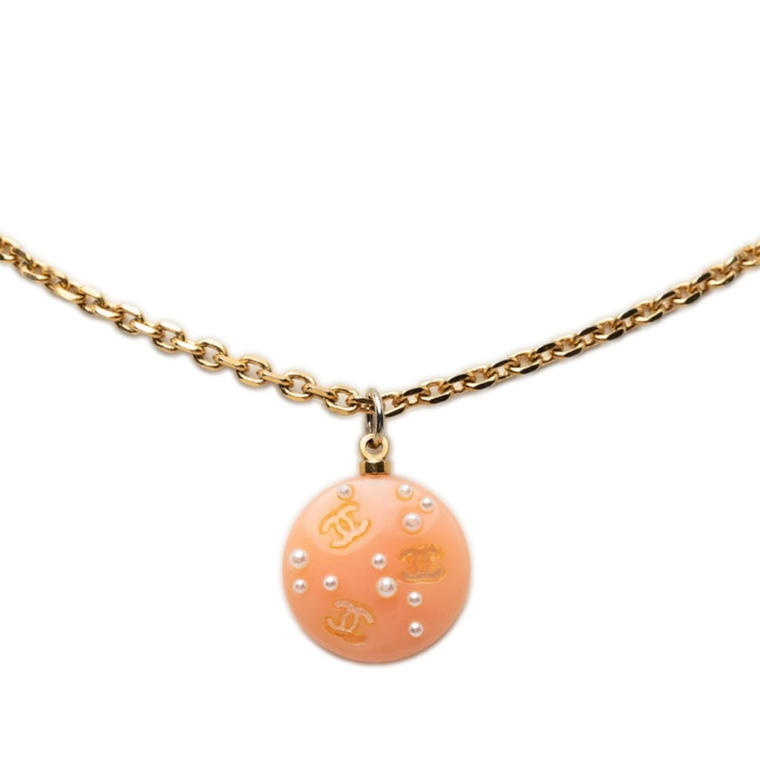 Chanel Coco Mark Chain Necklace, Orange/Gold Tone, Plastic, Faux Pearl, Plated, Women's.: --- Catalog ---Category: SizePendant Size: 17.5mm x 17.5mm / 0.68'' x 0.68''Neck Circumference: 48 cm / 18.89''Category: DesignColor: Gold, OrangeGender: WomenMaterial: Artificial pearl, Gold plating,