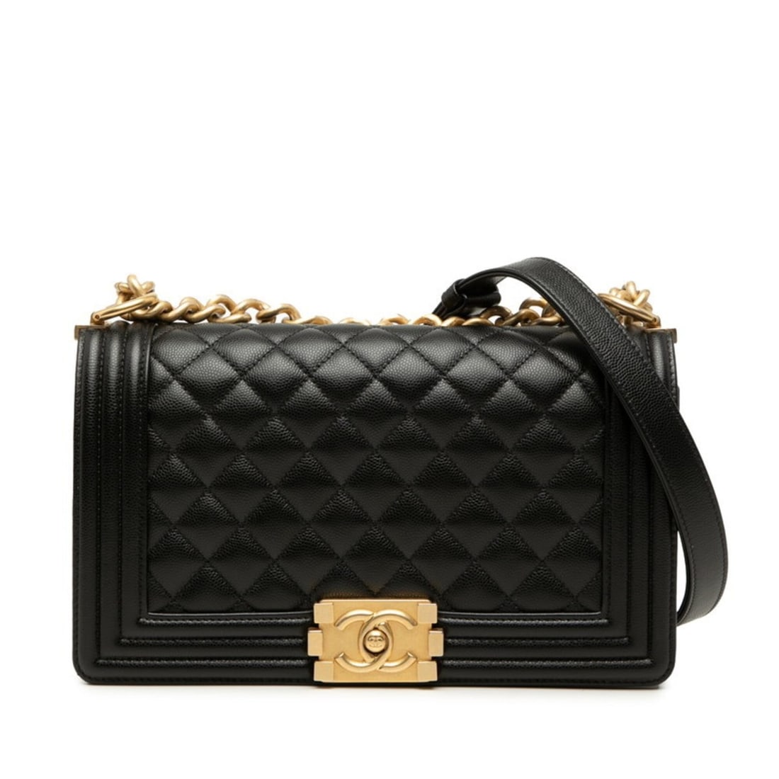 Chanel Coco Mark Boy 25 Chain Shoulder Bag A67086 Black Gold Caviar Skin Women's CHANEL: --- Catalog ---Category: SizeSize (HxWxD): 14.5cm x 25cm x 7cm / 5.7'' x 9.84'' x 2.75''Category: DesignType: Shoulder bagColor: Black, GoldGender: WomenMaterial: Grained Calfskin Category: GeneralBra