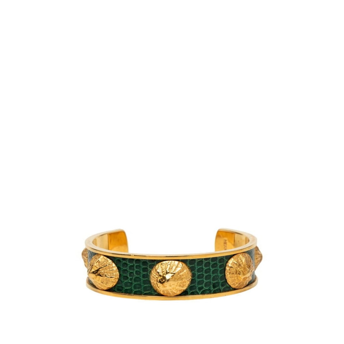 Hermes Shell Motif Bangle, Gold and Green Plated Leather, Women's HERMES: --- Catalog ---Category: SizeLength: 15.5cm / 6.1''Category: DesignType: Charm braceletColor: Gold, GreenGender: WomenMaterial: Gold plating, LeatherCategory: GeneralBrand: Hermes--- Item List ---Sect