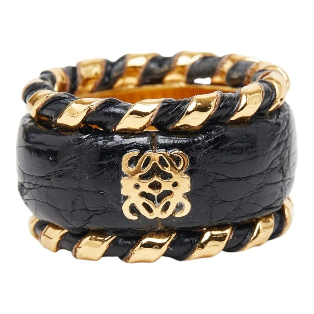 Loewe Anagram Scarf Ring, Gold and Black Plated Leather, Women's.: --- Catalog ---Category: DesignType: Scarf ringColor: BlackGender: WomenMaterial: Leather Category: GeneralBrand: Loewe--- Item List ---Section: ConditionRanking: Rank A Used - A few traces of usage, 