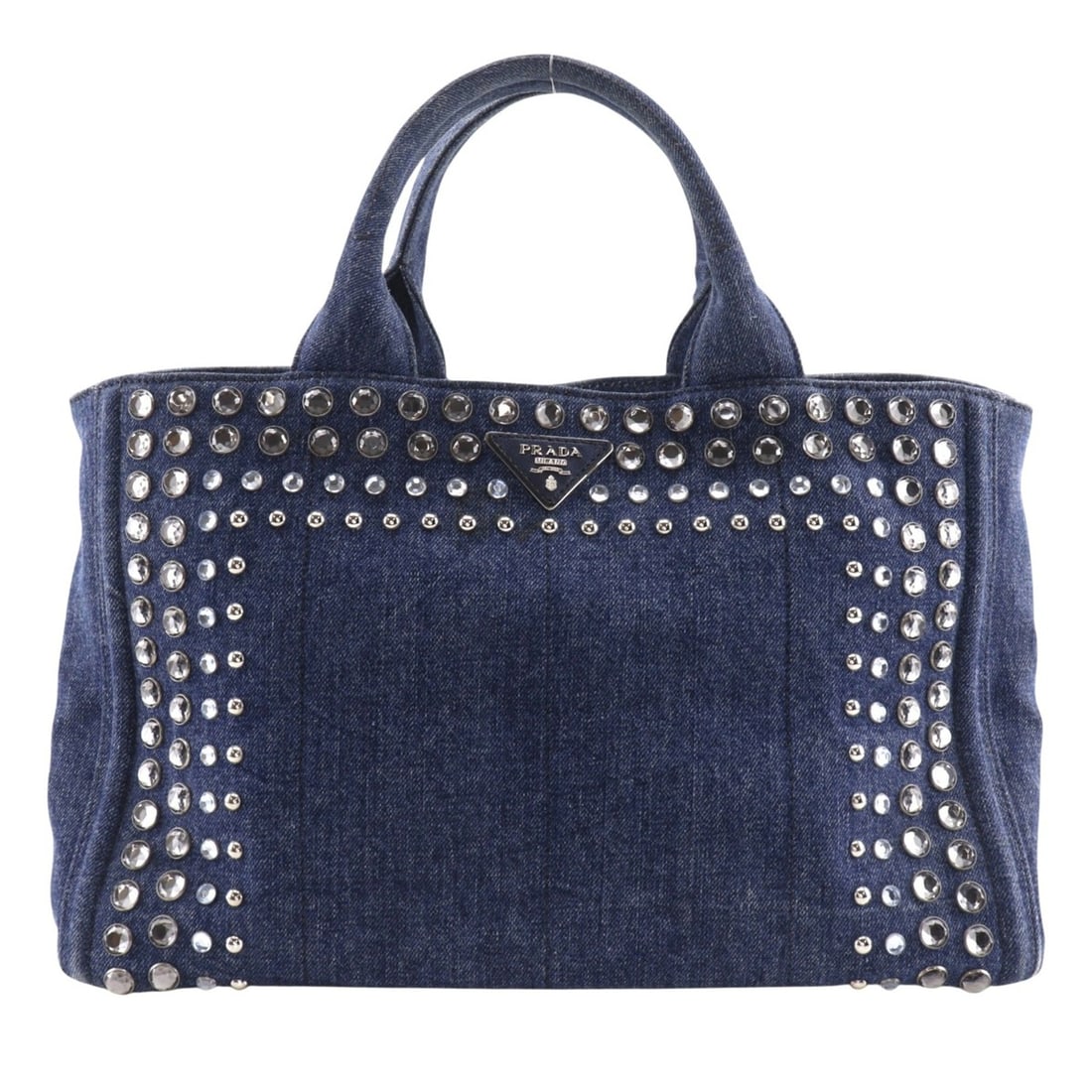 Prada Canapa Tote M Handbag, Bijou Embellished, Denim, Blue, A4 Size, Women's: --- Catalog ---Category: SizeWeight: 1.1kg / 2.42lb.Handle Drop: 12.00cm / 4.72''Size (HxWxD): 23cm x 36cm x 22cm / 9.05'' x 14.17'' x 8.66''Category: DesignType: HandbagColor: BlueGender: WomenMateri