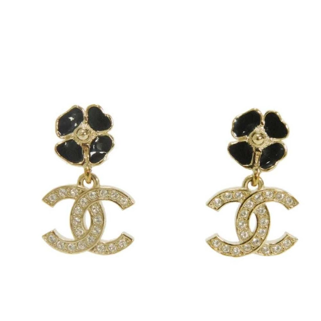 Chanel CHANEL Earrings Camellia Coco Mark Crystal Swing Flower Strass Clear Rhinestone I25P CC: --- Catalog ---Category: SizeWeight: 5g / 0.17oz.Size (HxWxD): 28.00mm x 15.00mm / 1.10'' x 0.59''Category: DesignType: Drop earringsColor: Black, Champagne goldStone: Crystal, RhinestoneGender: Women