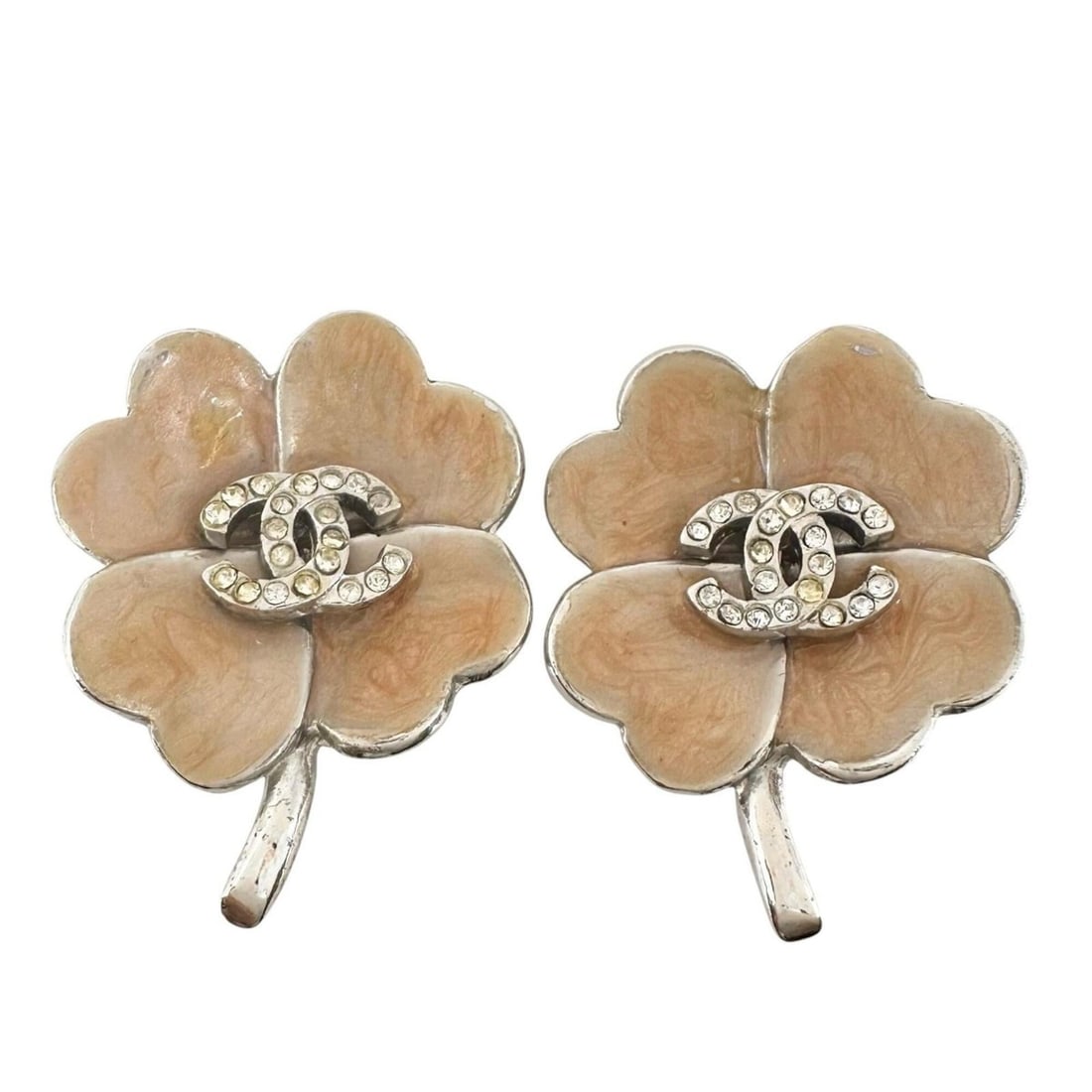 CHANEL Coco Mark Clover Earrings, Silver with Crystal, Pink Beige,: --- Catalog ---Category: SizeSize (HxWxD): 27.00mm x 21.00mm / 1.06'' x 0.83''Category: DesignType: Clip earringsColor: Beige, Pink, SilverGender: WomenMaterial: SilverCategory: GeneralBrand: ChanelCo
