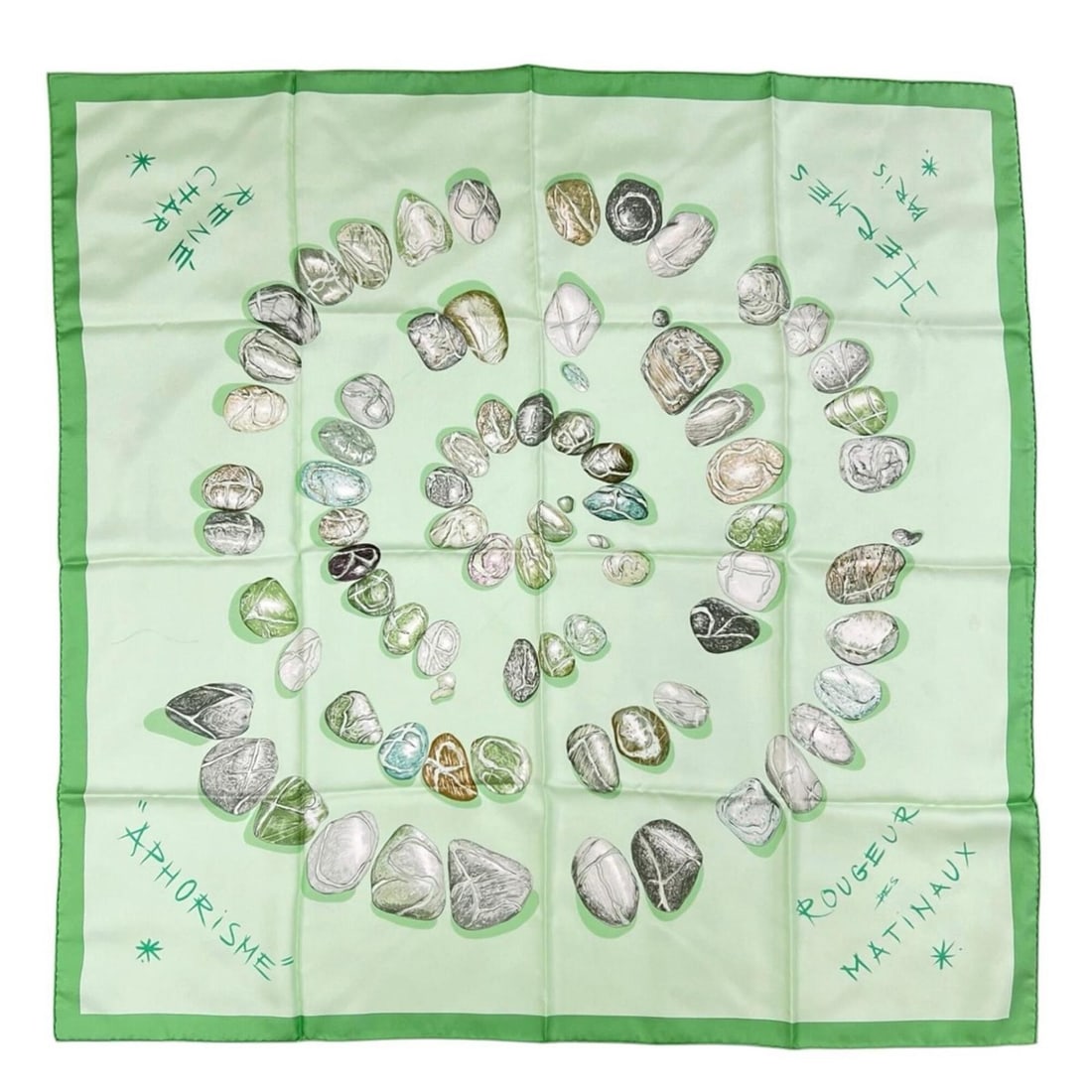 HERMES Rougeur des Matinaux (Pebble Stone) Carre 90 Scarf/Muffler, Silk, Light Green/Gray: --- Catalog ---Category: SizeSize (LxW): 90cm x 90cm / 35.43'' x 35.43''Category: DesignType: ScarfColor: Gray, Light greenGender: WomenMaterial: Silk Category: GeneralBrand: HermesCountry of Origin: 