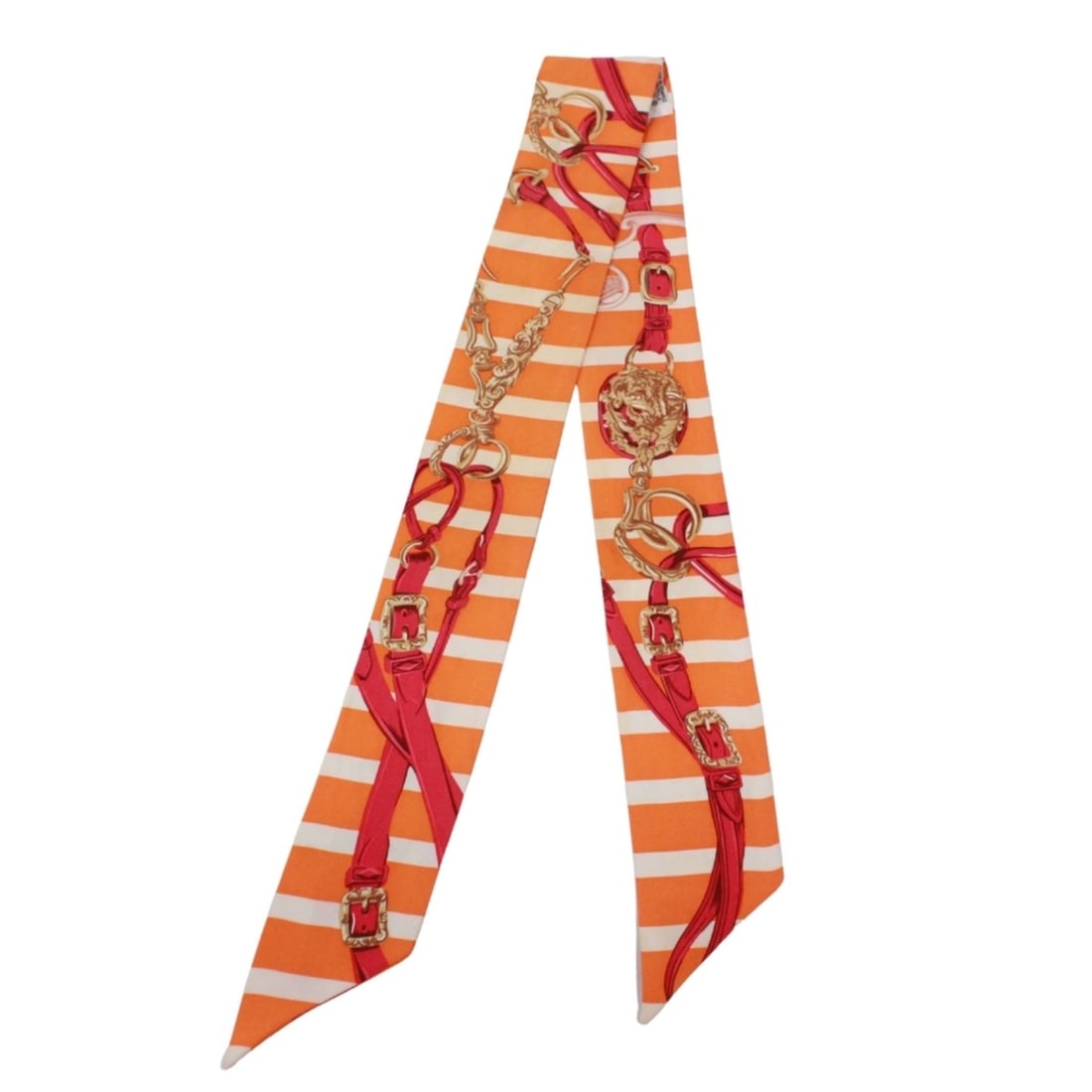 HERMES Twilly BRIDES de GALA Ceremonial Bridle Scarf/Muffler Silk Orange Red White: --- Catalog ---Category: SizeSize (LxW): 86cm / 33.85''Category: DesignType: ScarfColor: Orange, Red color, WhiteGender: WomenMaterial: Silk Category: GeneralBrand: HermesCountry of Origin: France--- 