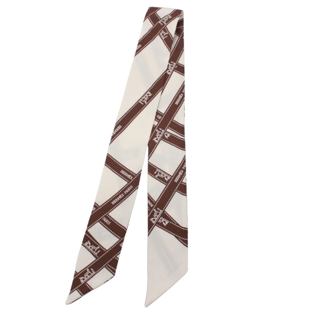 HERMES Twilly Bolduc pattern scarf/muffler, silk, ivory/brown: --- Catalog ---Category: SizeSize (LxW): 86cm / 33.85''Category: DesignType: ScarfColor: Brown, IvoryGender: WomenMaterial: Silk Category: GeneralBrand: HermesCountry of Origin: France--- Item List --