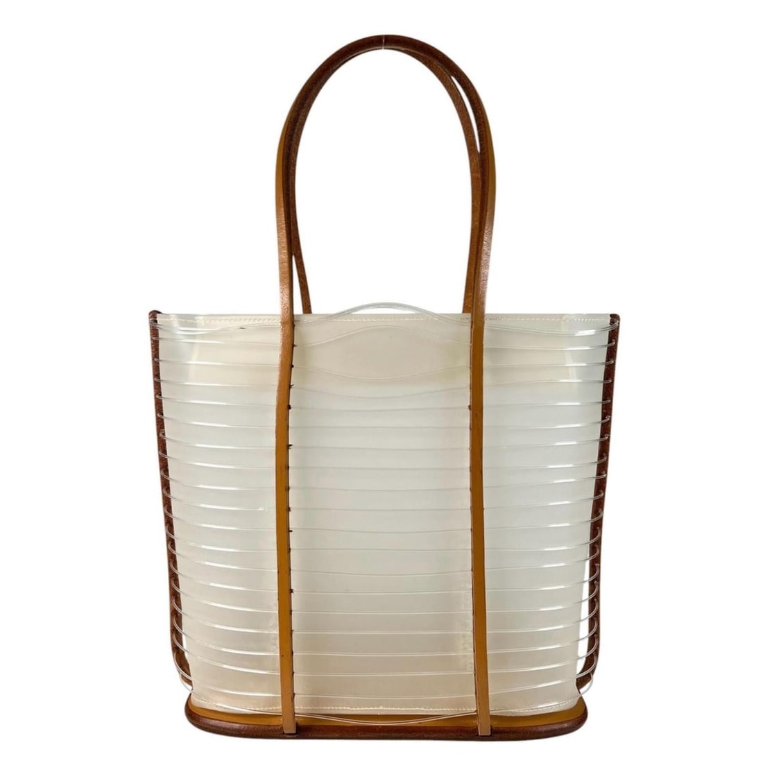 Salvatore Ferragamo Skeleton Tote Bag Handbag Leather Resin Tube White Brown: --- Catalog ---Category: SizeSize (HxWxD): 21cm x 23cm x 9.5cm / 8.26'' x 9.05'' x 3.74''Category: DesignType: Handbag, Tote bagColor: Brown, WhiteGender: WomenMaterial: Leather , PVC Category: Genera