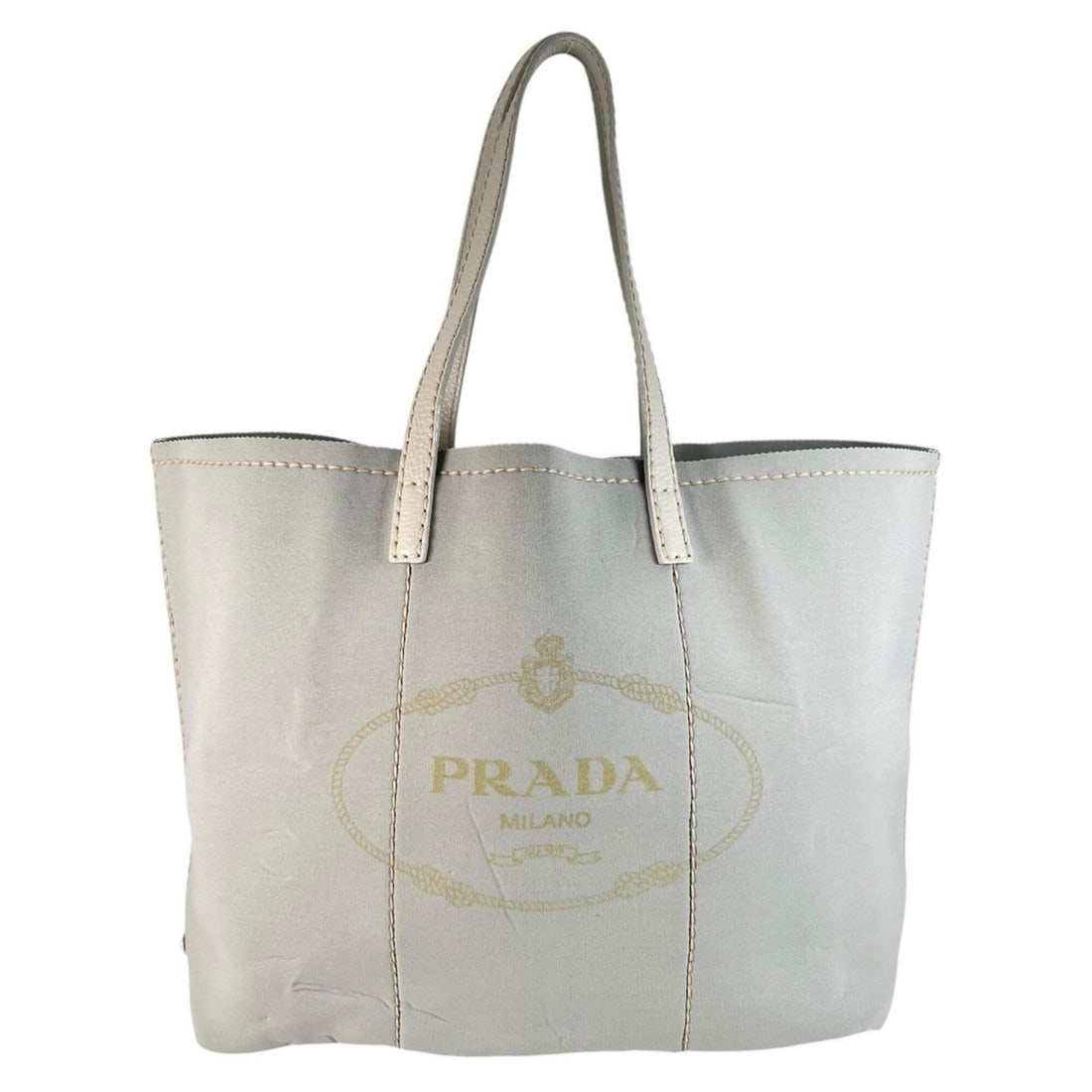 PRADA BR4623 Tote Bag, Leather and Neoprene, Mint Grey: --- Catalog ---Category: SizeSize (HxWxD): 31cm x 49cm x 15cm / 12.2'' x 19.29'' x 5.9''Category: DesignType: Tote bagColor: GrayGender: WomenMaterial: Leather , Neoprene Category: GeneralMPN: BR4623B