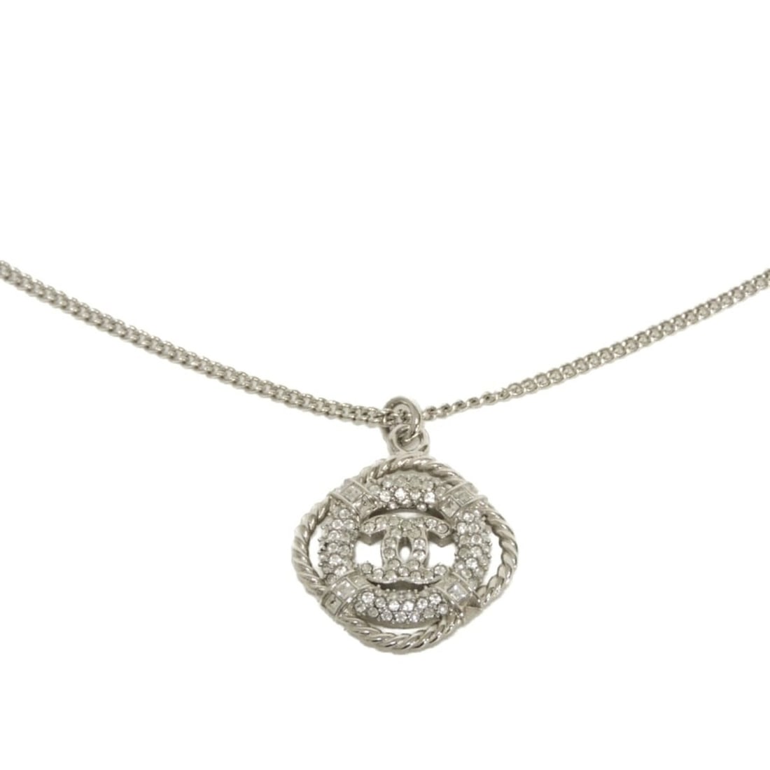 Chanel necklace, Coco Mark crystal rope circle lifesaver round rhinestone B19C CC mark clear AB0515: --- Catalog ---Category: SizePendant Size: 20mm x 20mm / 0.78'' x 0.78''Neck Circumference: 41 cm / 16.14''Category: DesignColor: Clear, SilverGender: WomenMaterial: Metal, RhinestoneNecklace Type: Ne