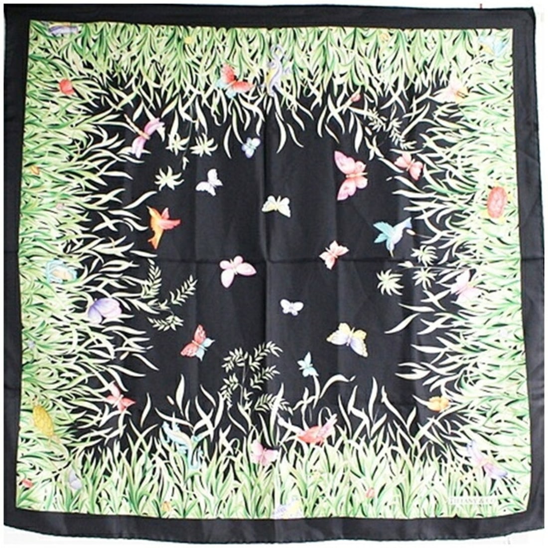 Tiffany & Co. Silk Scarf/Muffler, Black x Multicolor Butterfly Botanical Pattern, Women's. (1 of 12)