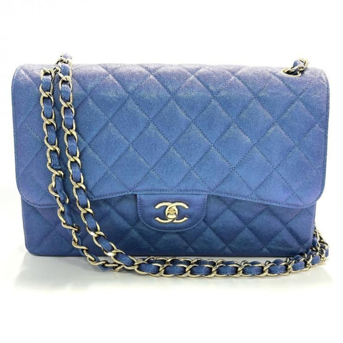 Chanel Lame Matelassé Double Flap Chain Shoulder Bag, Caviar Leather, Blue with Gold Hardware (1 of 11)