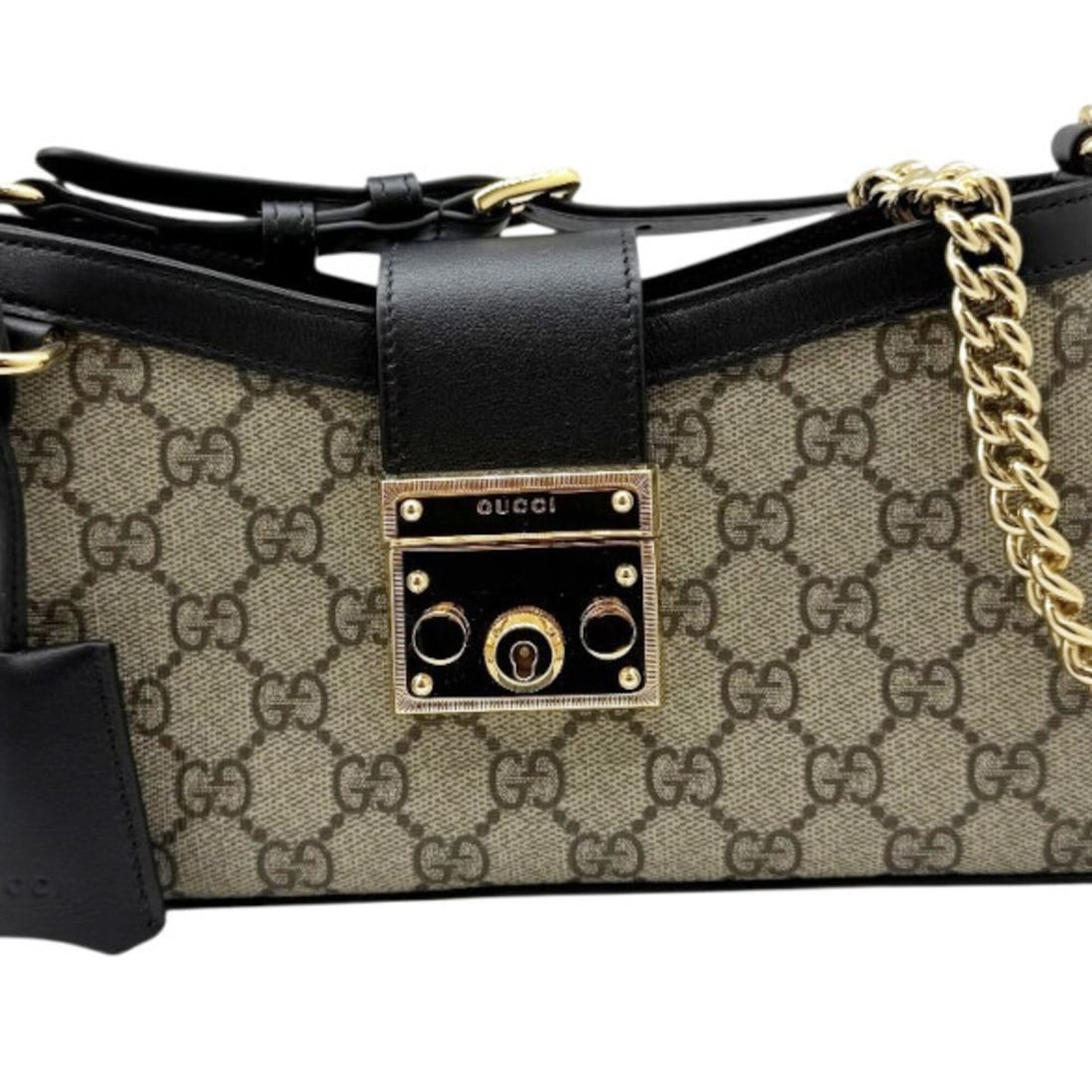 GUCCI GG Supreme Padlock Small Leather Shoulder Bag Chain for Women (Beige/Black, 811705): --- Catalog ---Category: SizeSize (HxWxD): 12cm x 26cm x 5cm / 4.72'' x 10.23'' x 1.96''Strap Length: 53cm - 65cm / 20.86'' - 25.59''Category: DesignType: Shoulder bagColor: Beige, BlackGender: WomenM