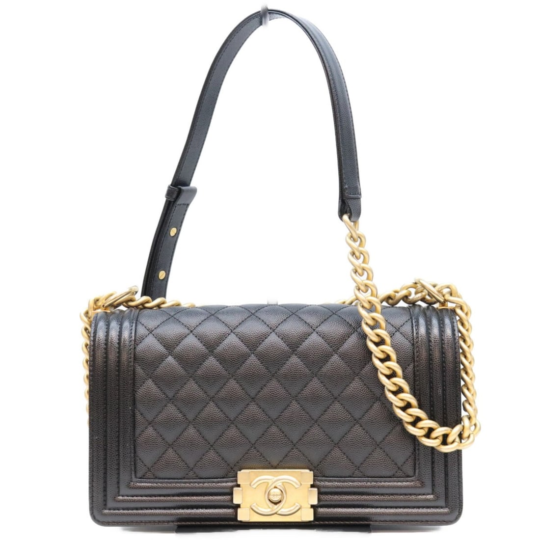 CHANEL A67086 Caviar Boy Chanel 25 Shoulder Bag, Black with Gold Hardware, Women's: --- Catalog ---Category: SizeSize (HxWxD): 15cm x 25cm x 8cm / 5.9'' x 9.84'' x 3.14''Category: DesignType: Shoulder bagColor: BlackGender: WomenMaterial: Grained Calfskin Hardware Color: GoldCategory