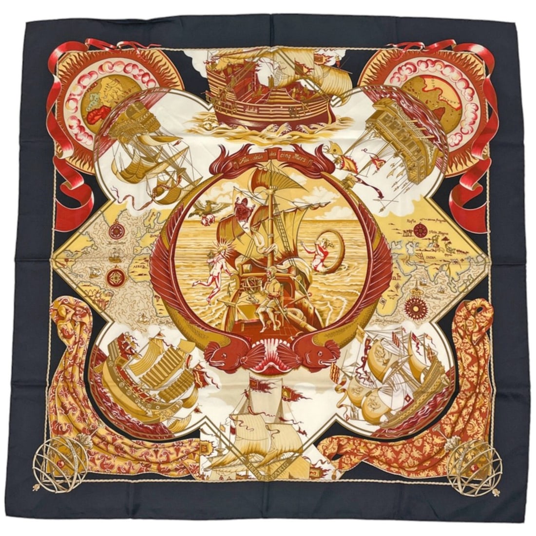 Hermes Carre 90 Au dela des cinq mers scarf/muffler, "Across the Five Seas," silk, black,: --- Catalog ---Category: SizeSize (LxW): 88cm x 89.5cm / 34.64'' x 35.23''Category: DesignType: ScarfColor: Black, Multi-colorGender: WomenMaterial: Silk Category: GeneralBrand: Hermes--- Item List --