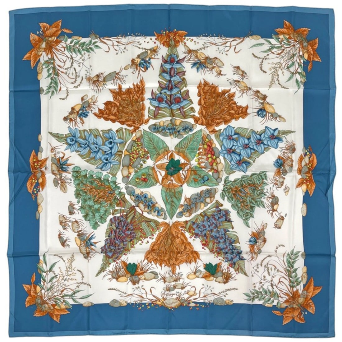 Hermes Carre 90 Pythagore Scarf/Muffler, Pythagoras Floral Pattern, Silk, Blue/Multicolor, Women's (1 of 14)