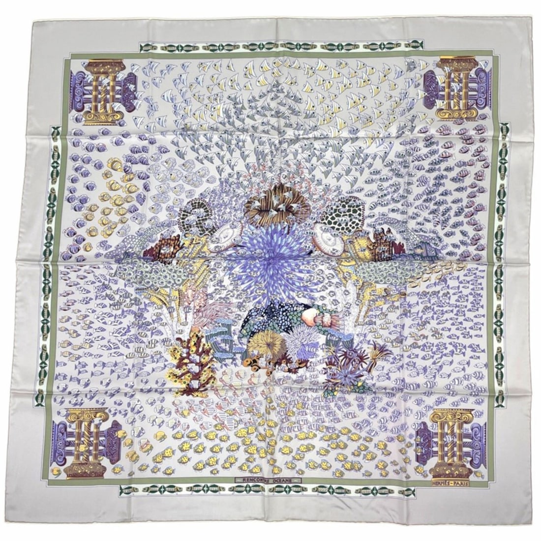 Hermes Carre 90 RENCONTE OCEANE Scarf/Muffler, "Meeting in the Atlantic," Silk, Purple, Multicolor,: --- Catalog ---Category: SizeSize (LxW): 87cm x 88cm / 34.25'' x 34.64''Category: DesignType: ScarfColor: Multi-color, PurpleGender: WomenMaterial: Silk Category: GeneralBrand: Hermes--- Item List ---