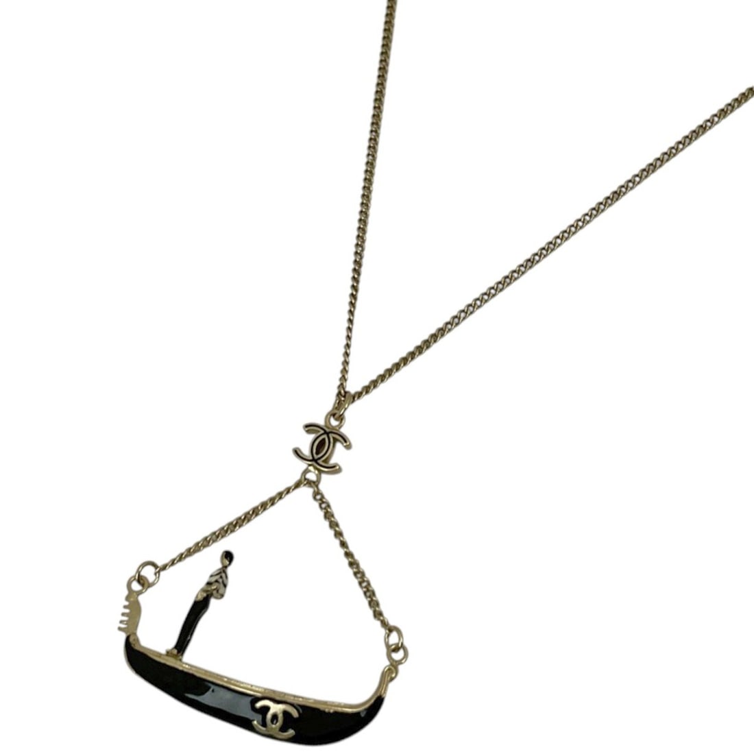 Chanel necklace, Coco Mark, boat design, GP gold, black, women's.: --- Catalog ---Category: SizePendant Size: 45mm x 41mm / 1.77'' x 1.61''Neck Circumference: 42.5 cm / 16.73''Category: DesignColor: Black, GoldGender: WomenMaterial: Gold platingNecklace Type: Necklac