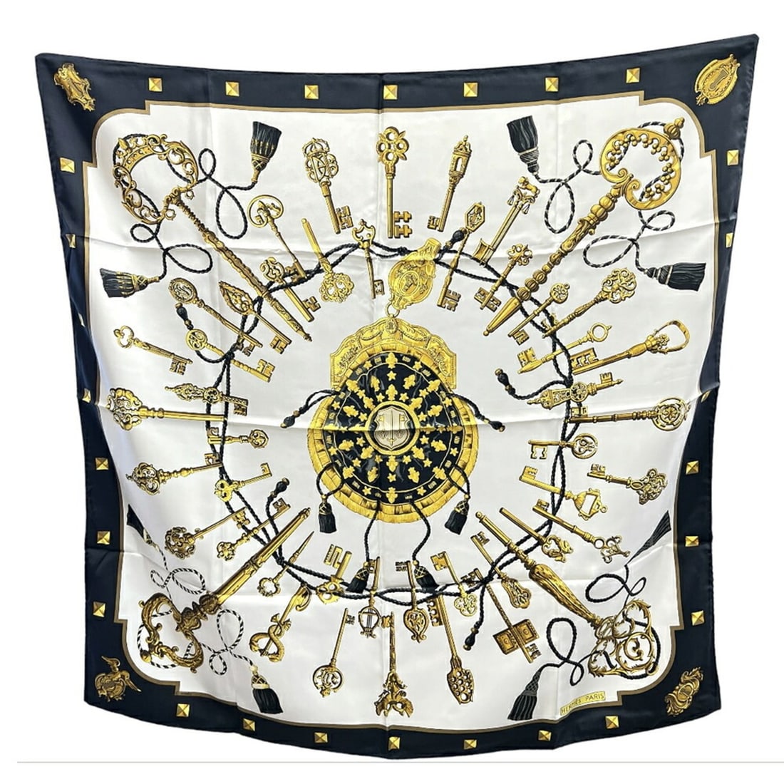 HERMES Carre 90 LES CLES THE KEYS RARE Key Motif Scarf/Muffler/Stole Black/White 100% Silk (1 of 12)