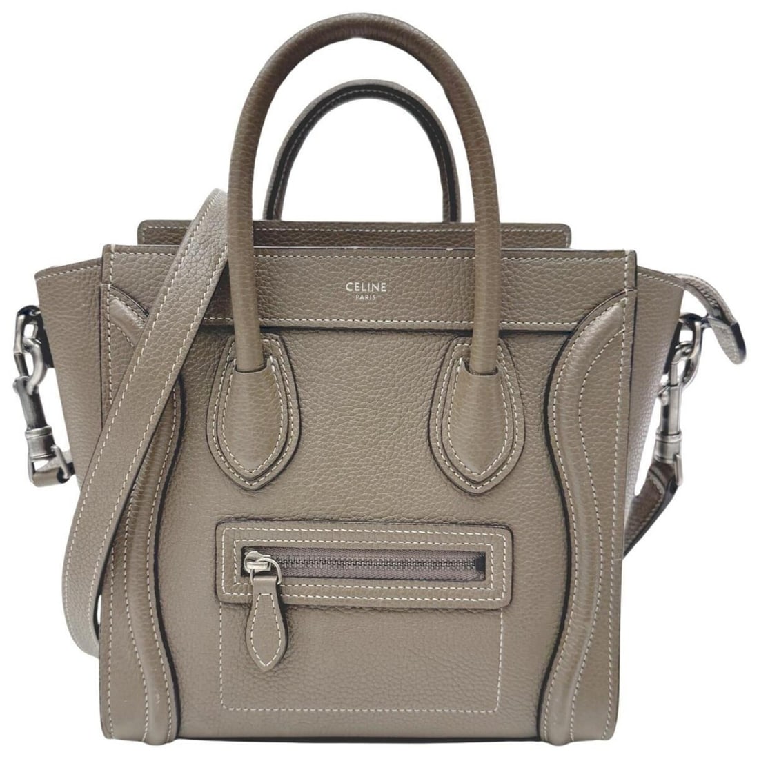 CELINE Luggage Nano Shopper Grey Beige Handbag Shoulder Bag Leather Women's: --- Catalog ---Category: SizeSize (HxWxD): 18cm x 20cm x 10cm / 7.08'' x 7.87'' x 3.93''Strap Length: 123cm / 48.42''Category: DesignType: Handbag, Shoulder bagColor: Gray beigeGender: WomenMaterial: 