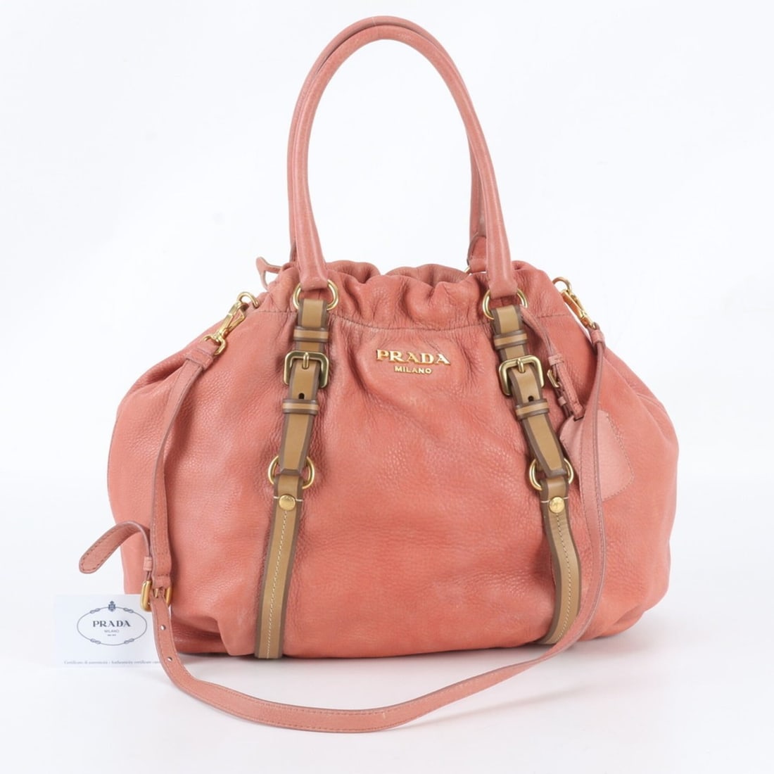 Prada BN1772 Leather 2-Way Shoulder Bag/Handbag/Tote Bag for Women (with Guarantee Card): --- Catalog ---Category: SizeSize (HxWxD): 34cm x 35cm x 15cm / 13.38'' x 13.77'' x 5.9''Category: DesignType: Handbag, Shoulder bag, Tote bagColor: Coral colorGender: WomenMaterial: Leather Category: