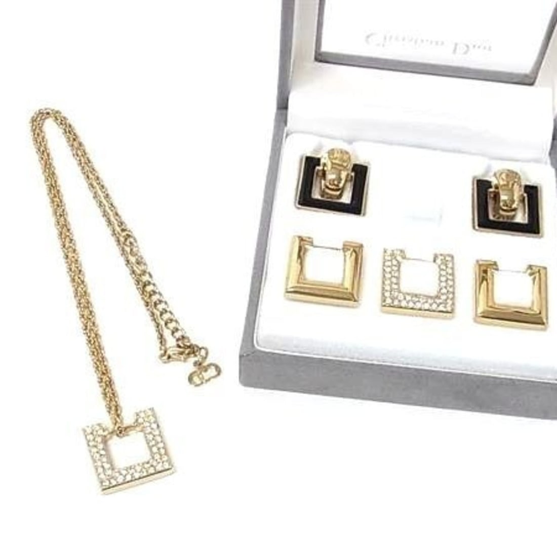 Christian Dior Pendant Change Top Necklace and Earrings Set, Gold Metal Rhinestone, Women's Square: --- Catalog ---Category: SizePendant Size: 20mm x 20mm / 0.78'' x 0.78''Neck Circumference: 47.5 cm / 18.7''Category: DesignColor: GoldStone: RhinestoneGender: WomenMaterial: MetalNecklace Type: