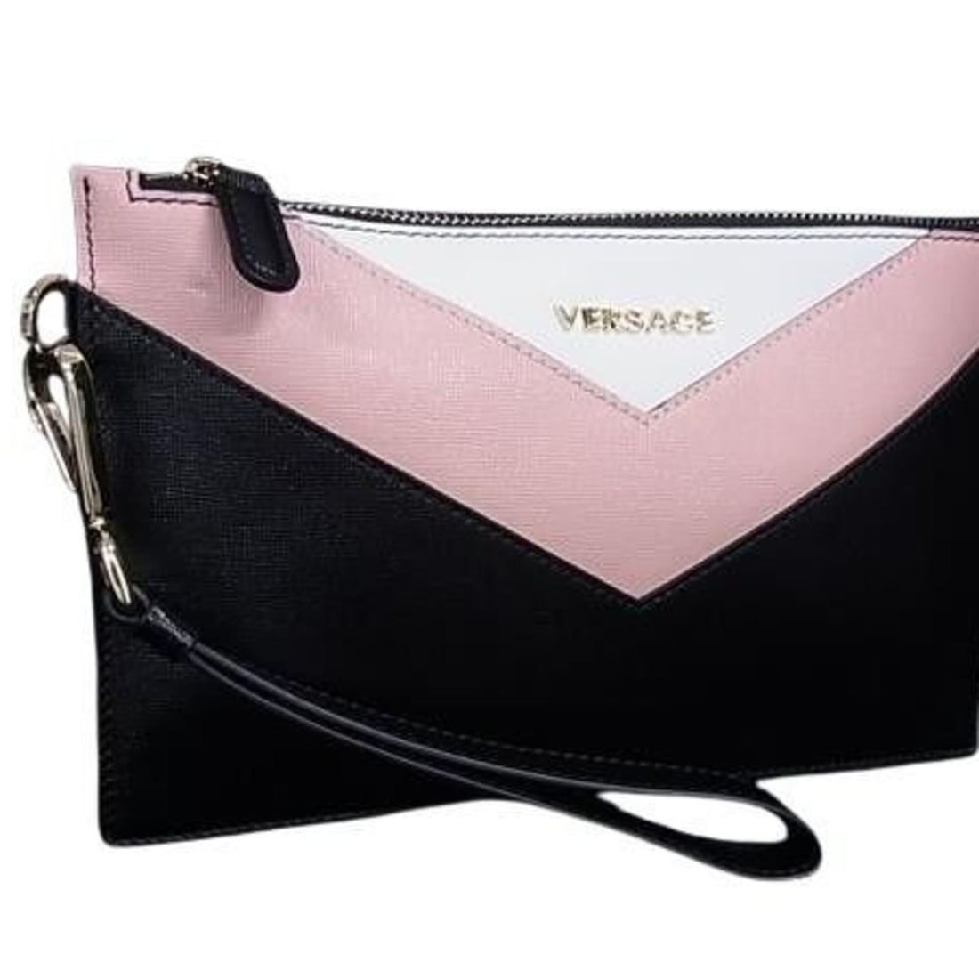 VERSACE Clutch Bag, Color Block Leather Wristlet Pouch, Black, Pink, White, Saffiano Leather,: --- Catalog ---Category: SizeSize (HxWxD): 16cm x 26cm x 1.5cm / 6.29'' x 10.23'' x 0.59''Category: DesignType: Clutch bagColor: Black, Pink, WhiteGender: WomenClosure: ZipperMaterial: Leather Leather