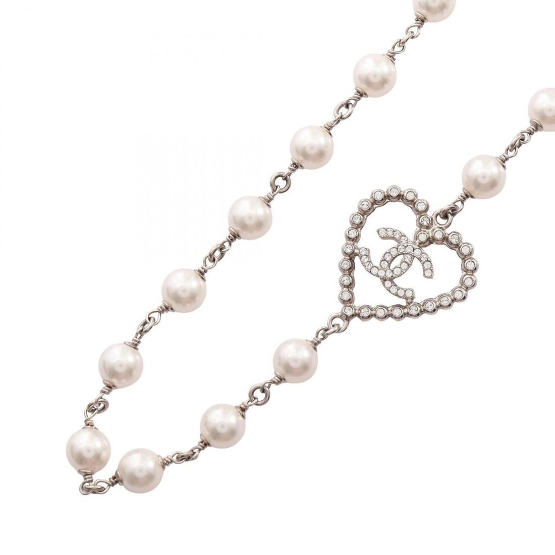 Chanel Coco Mark Heart Necklace Jewelry - Metal, Faux Pearl, Rhinestone Women's Silver, White, Clear: --- Catalog ---Category: SizePendant Size: 25mm x 25mm / 0.98'' x 0.98''Neck Circumference: 44 cm - 50 cm / 17.32'' - 19.68''Category: DesignColor: Clear, Silver, WhiteStone: RhinestoneGender: WomenMa